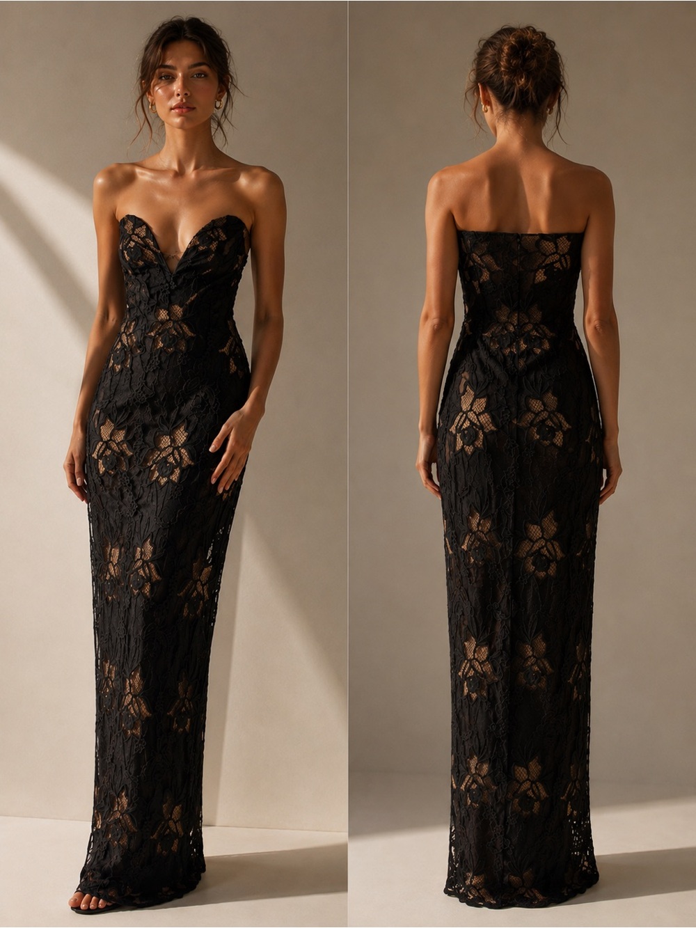 Elegant Strapless Black and cream Floral Lace Evening Dress